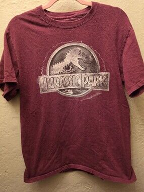 Jurassic Park T Rex Logo Graphic Tee Burgundy Dinosaur Movie Shirt M